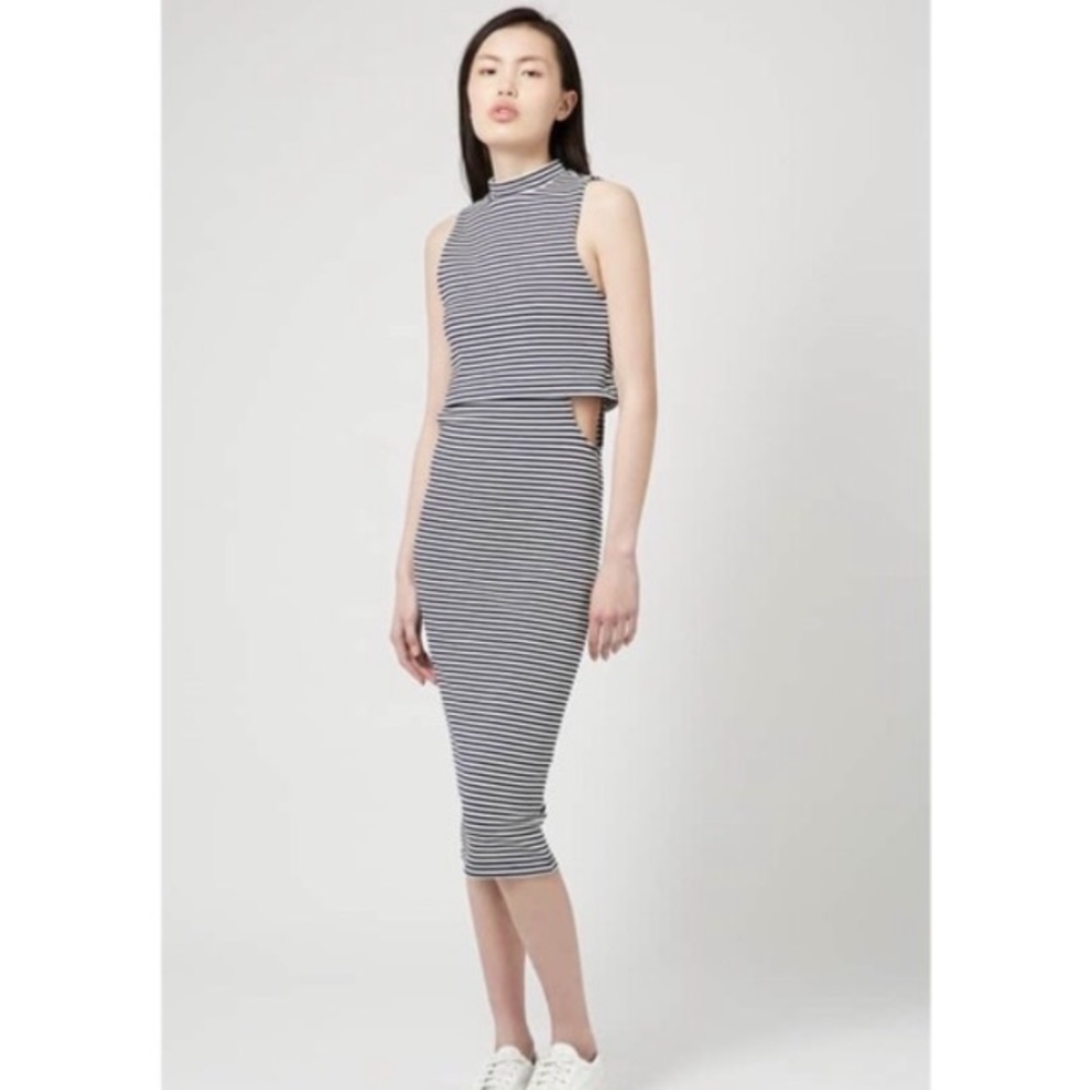 TOPSHOP Cut Out Navy and White Striped Midi Dress